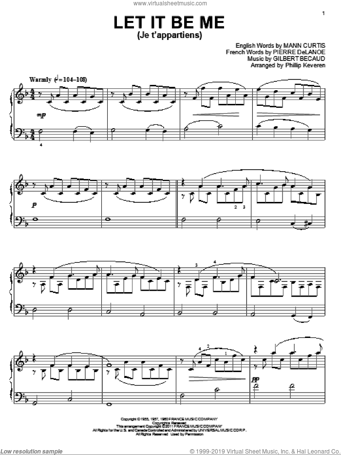 Let It Be Me (Je T'appartiens) (arr. Phillip Keveren) sheet music for piano solo by Elvis Presley, Phillip Keveren, Everly Brothers, Gilbert Becaud, Mann Curtis and Pierre Delanoe, wedding score, intermediate skill level