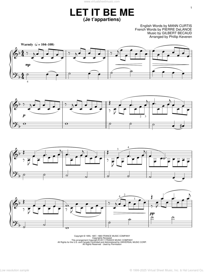Let It Be Me (Je T'appartiens) (arr. Phillip Keveren) sheet music for piano solo by Elvis Presley, Phillip Keveren, Everly Brothers, Gilbert Becaud, Mann Curtis and Pierre Delanoe, wedding score, intermediate skill level