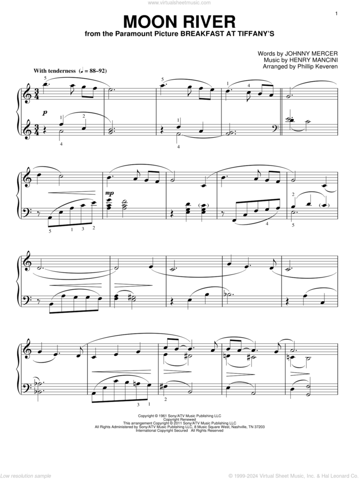 Moon River (arr. Phillip Keveren) sheet music for piano solo by Henry Mancini, Phillip Keveren, Andy Williams and Johnny Mercer, wedding score, intermediate skill level