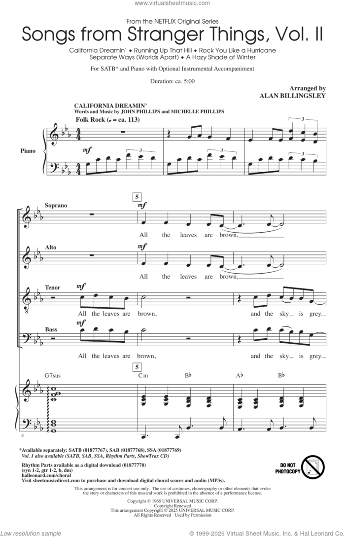 Songs from Stranger Things, Vol. II sheet music for choir (SATB: soprano, alto, tenor, bass) by Alan Billingsley and Miscellaneous, intermediate skill level