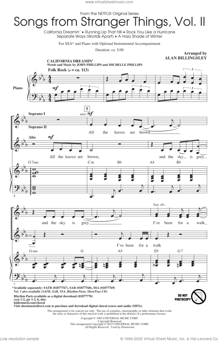 Songs from Stranger Things, Vol. II sheet music for choir (SSA: soprano, alto) by Alan Billingsley and Miscellaneous, intermediate skill level