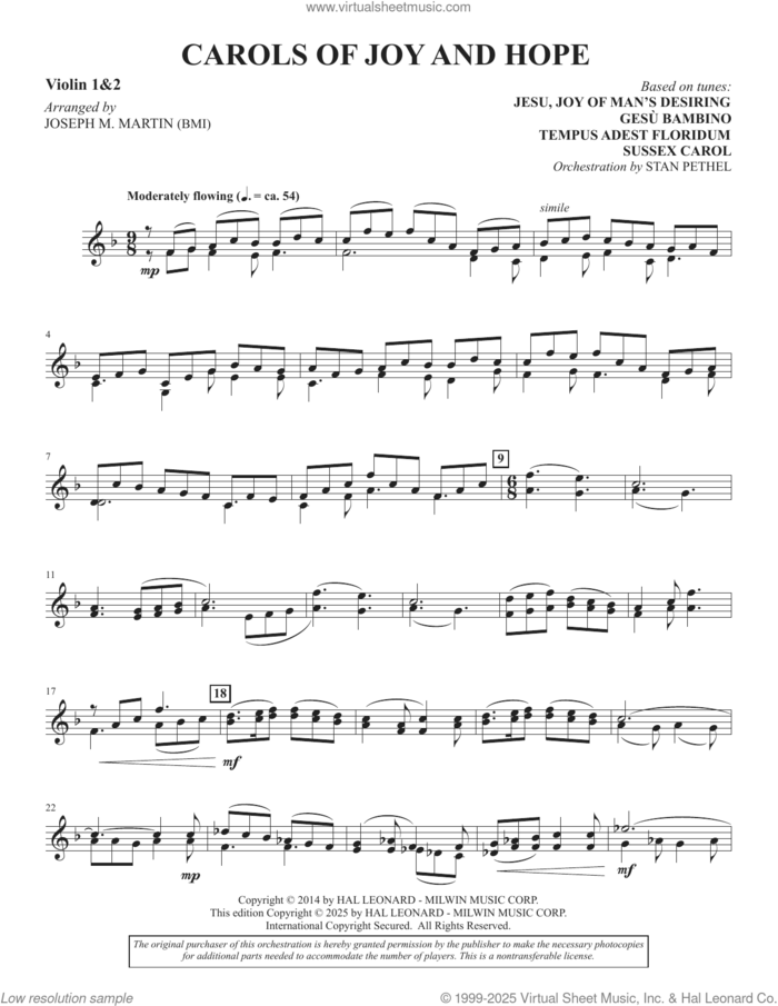 Carols Of Joy And Hope sheet music for orchestra/band (violin 1 and 2) by Joseph M. Martin, intermediate skill level