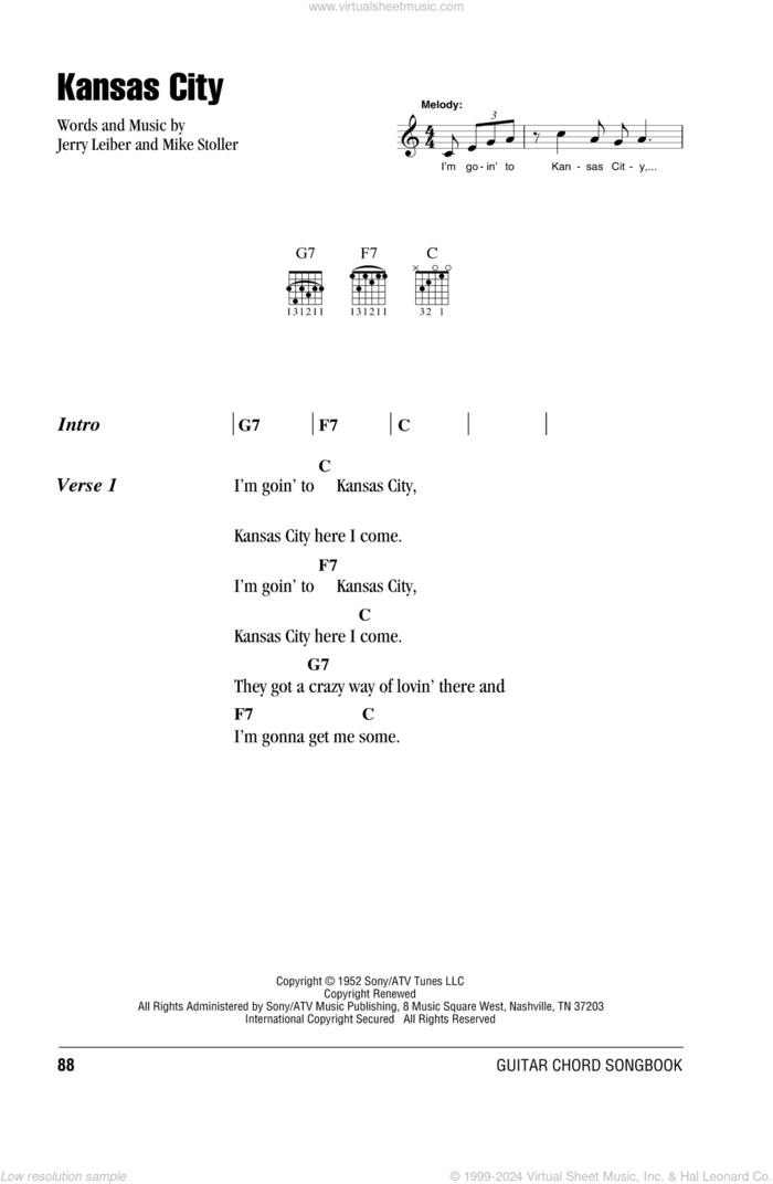 Kansas City sheet music for guitar (chords) by Wilbert Harrison, Jerry Leiber and Mike Stoller, intermediate skill level