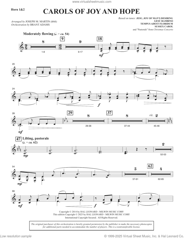 Carols Of Joy And Hope sheet music for orchestra/band (horn 1 and 2) by Joseph M. Martin, intermediate skill level