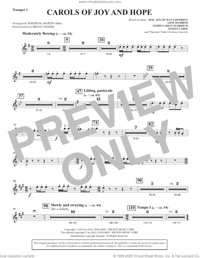 Carols Of Joy And Hope sheet music for orchestra/band (trumpet 1) by Joseph M. Martin, intermediate skill level