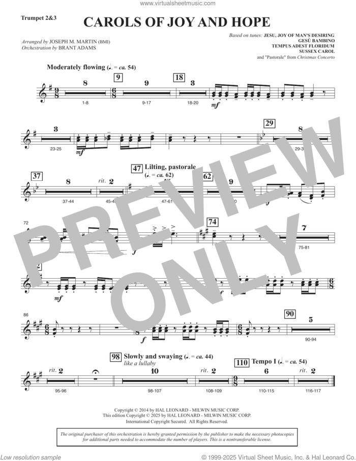 Carols Of Joy And Hope sheet music for orchestra/band (trumpet 2 and 3) by Joseph M. Martin, intermediate skill level