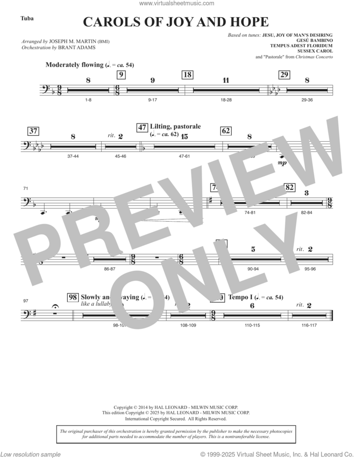 Carols Of Joy And Hope sheet music for orchestra/band (tuba) by Joseph M. Martin, intermediate skill level