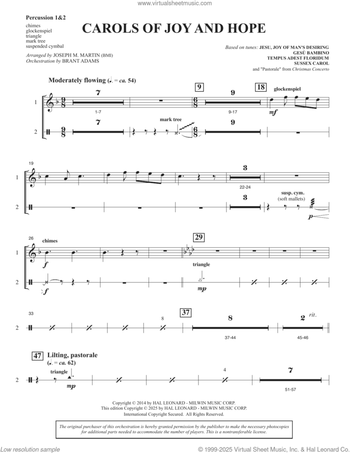 Carols Of Joy And Hope sheet music for orchestra/band (percussion 1 and 2) by Joseph M. Martin, intermediate skill level