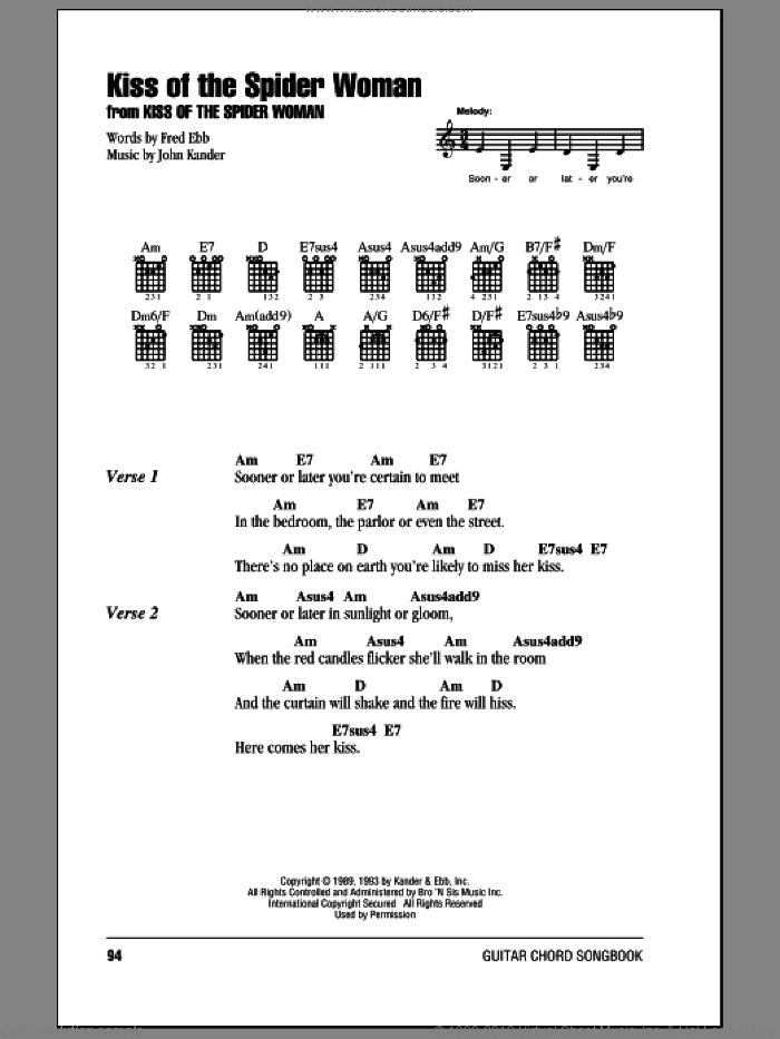 Kiss Of The Spider Woman (from Kiss Of The Spider Woman) sheet music for guitar (chords) by Kander & Ebb, Kiss Of The Spider Woman (Musical), Fred Ebb and John Kander, intermediate skill level