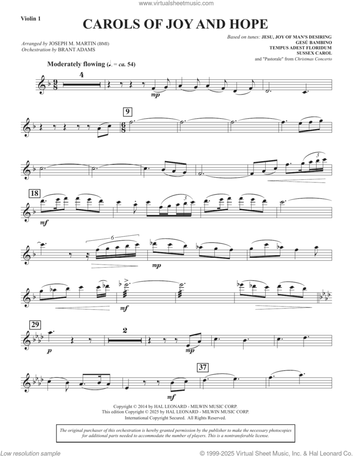 Carols Of Joy And Hope sheet music for orchestra/band (violin 1) by Joseph M. Martin, intermediate skill level