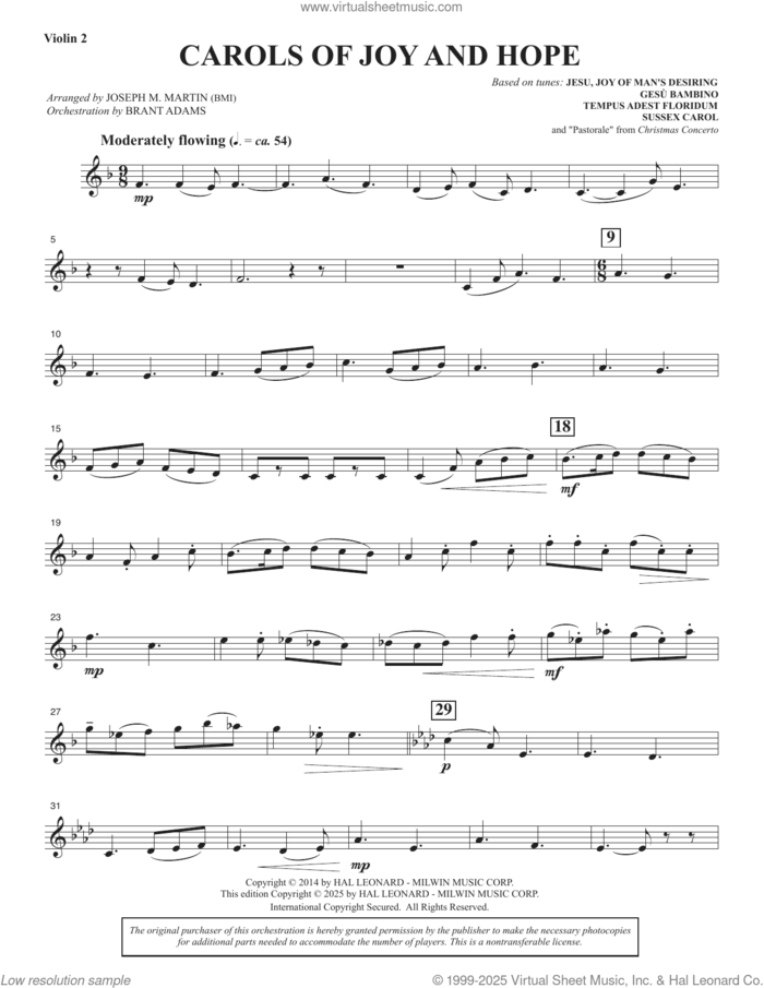 Carols Of Joy And Hope sheet music for orchestra/band (violin 2) by Joseph M. Martin, intermediate skill level