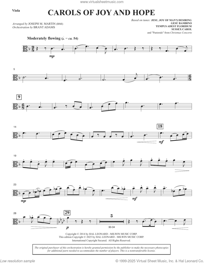 Carols Of Joy And Hope sheet music for orchestra/band (viola) by Joseph M. Martin, intermediate skill level