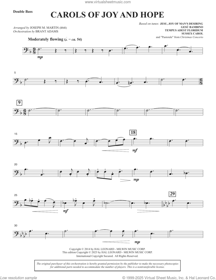 Carols Of Joy And Hope sheet music for orchestra/band (double bass) by Joseph M. Martin, intermediate skill level