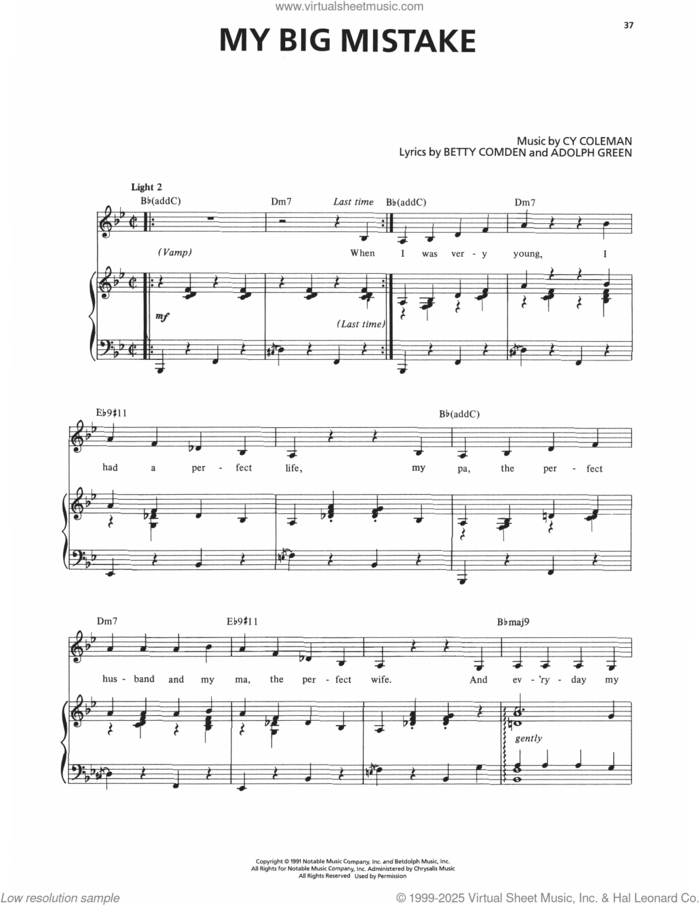 My Big Mistake (from The Will Rogers Follies) sheet music for voice and piano by Cy Coleman, Adolph Green and Betty Comden, intermediate skill level