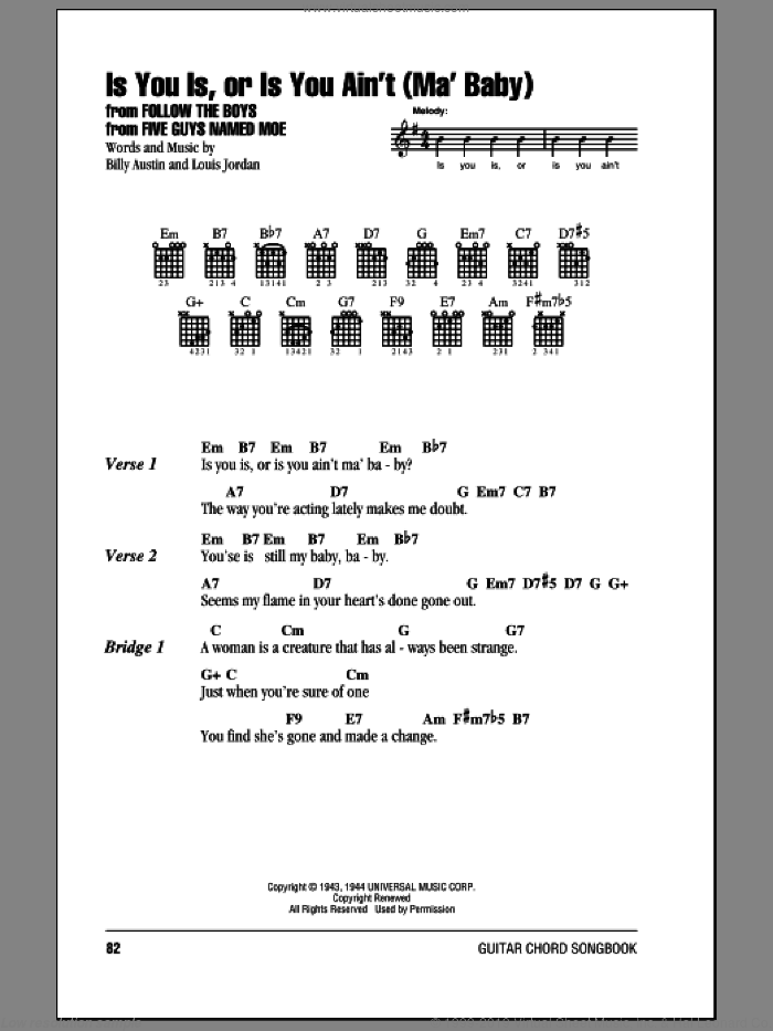 Is You Is, Or Is You Ain't (Ma' Baby) sheet music for guitar (chords) by Louis Jordan and Billy Austin, intermediate skill level