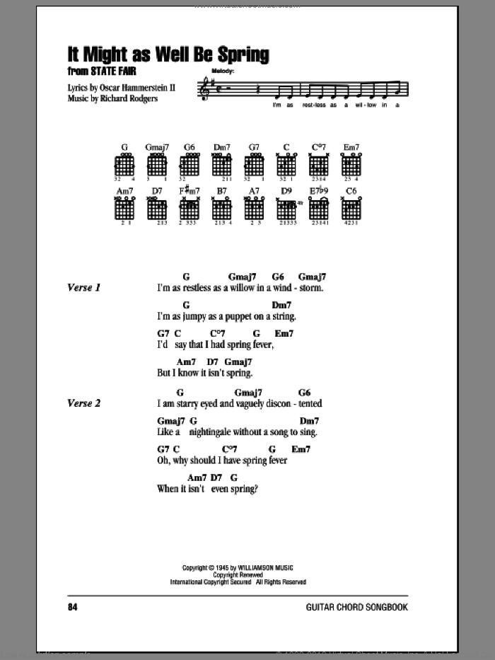 It Might As Well Be Spring sheet music for guitar (chords) by Rodgers & Hammerstein, State Fair (Musical), Oscar II Hammerstein and Richard Rodgers, intermediate skill level