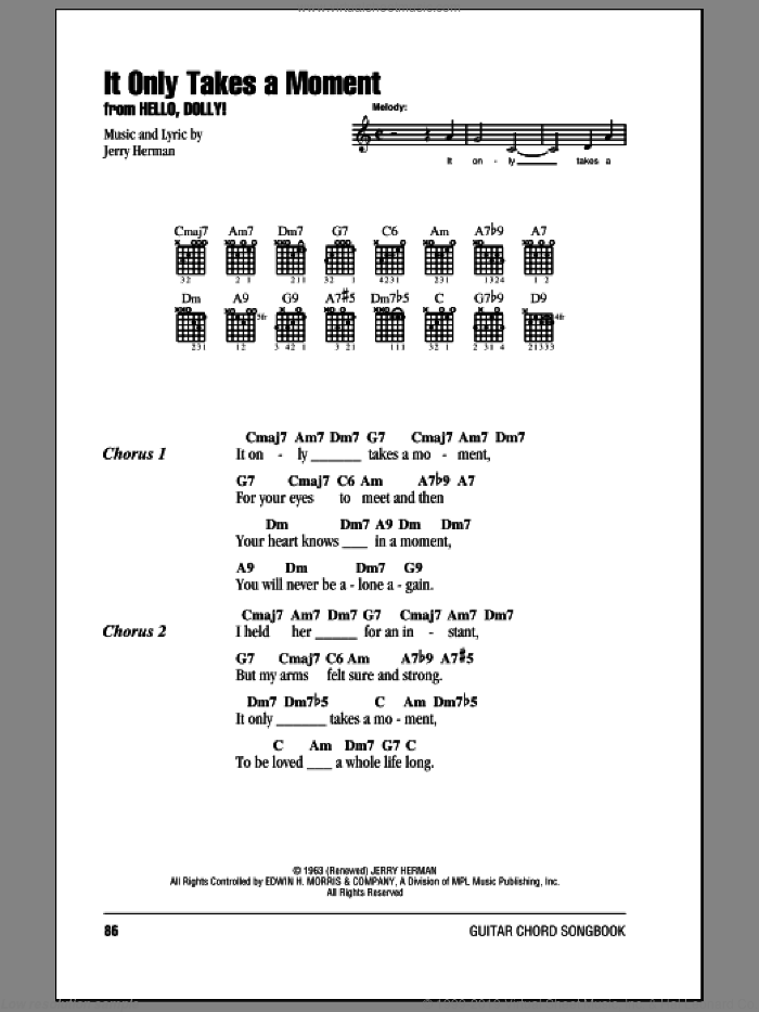 It Only Takes A Moment sheet music for guitar (chords) by Jerry Herman and Hello, Dolly! (Musical), intermediate skill level