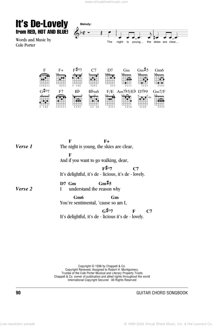 It's De-Lovely sheet music for guitar (chords) by Cole Porter, intermediate skill level