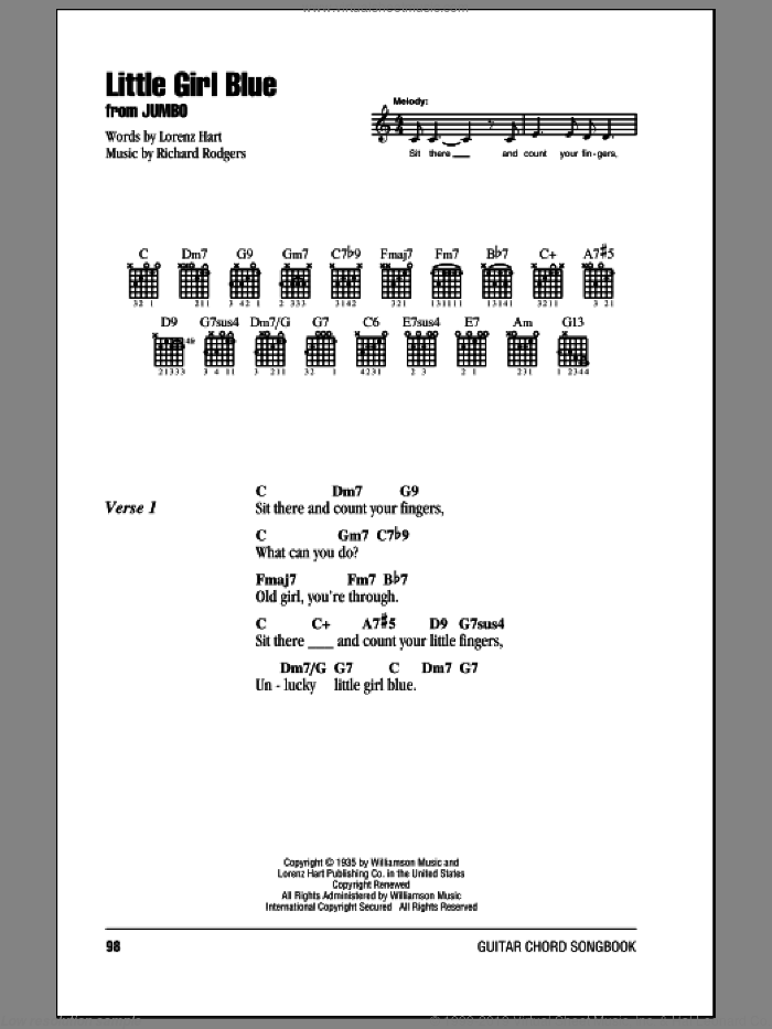 Little Girl Blue sheet music for guitar (chords) by Rodgers & Hart, Lorenz Hart and Richard Rodgers, intermediate skill level