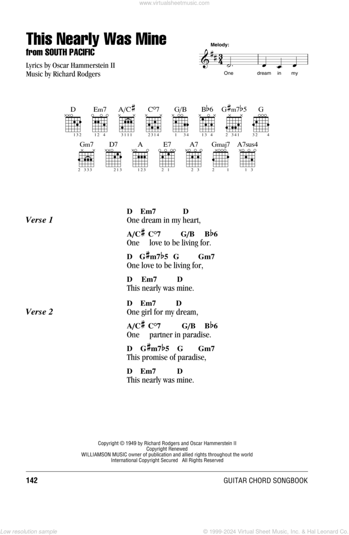 This Nearly Was Mine sheet music for guitar (chords) by Rodgers & Hammerstein, South Pacific (Musical), Oscar II Hammerstein and Richard Rodgers, intermediate skill level