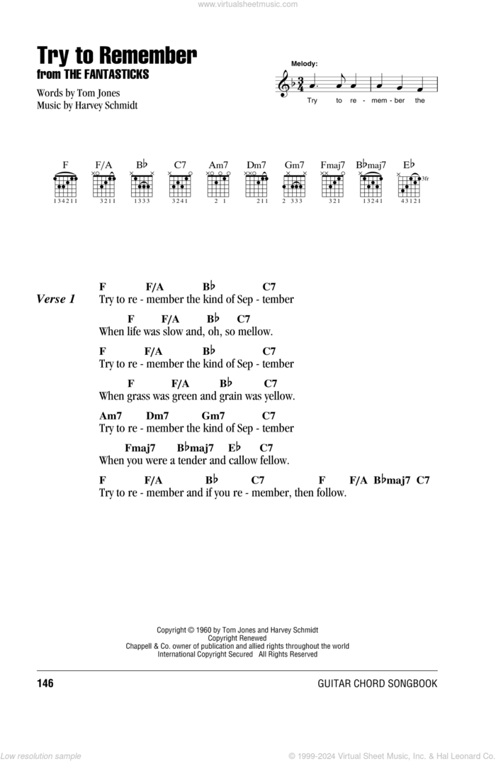 Try To Remember sheet music for guitar (chords) by Harvey Schmidt and The Fantasticks (Musical), intermediate skill level