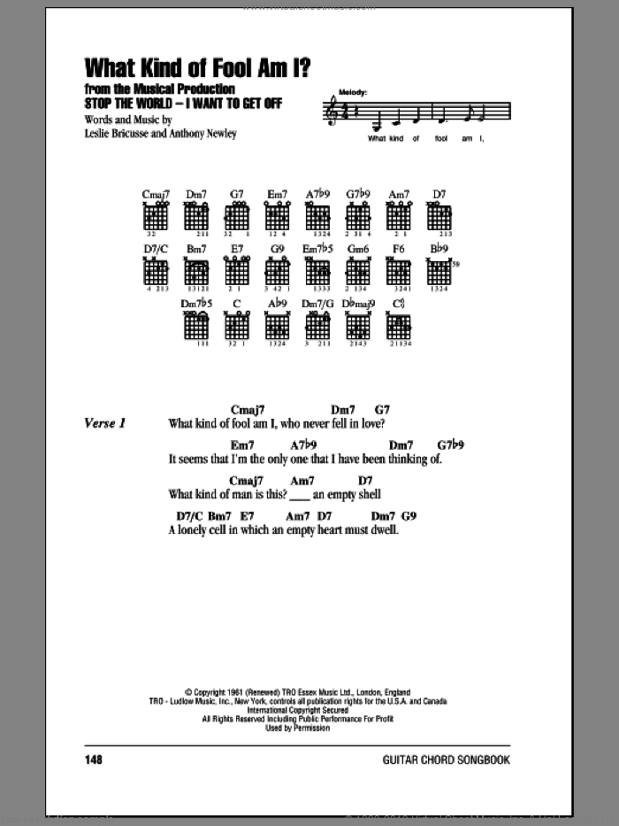 What Kind Of Fool Am I? sheet music for guitar (chords) by Leslie Bricusse and Anthony Newley, intermediate skill level