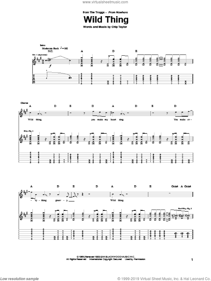 Wild Thing sheet music for guitar (tablature) by The Troggs and Chip Taylor, intermediate skill level