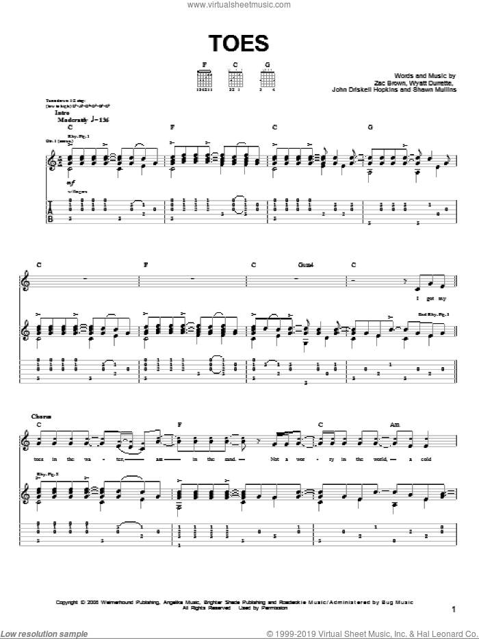 Toes sheet music for guitar solo (chords) by Zac Brown Band, John Driskell Hopkins, Shawn Mullins, Wyatt Durrette and Zac Brown, easy guitar (chords)