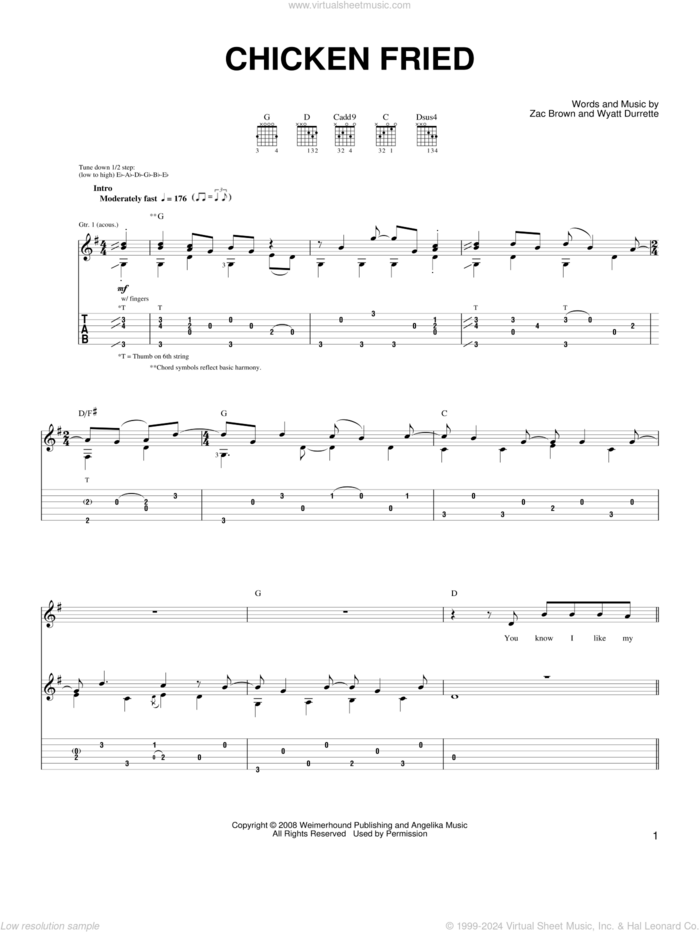 Chicken Fried sheet music for guitar solo (chords) by Zac Brown Band, Wyatt Durrette and Zac Brown, easy guitar (chords)