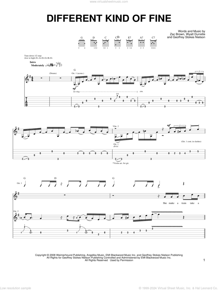 Different Kind Of Fine sheet music for guitar solo (chords) by Zac Brown Band, Geoffrey Stokes Nielson, Wyatt Durrette and Zac Brown, easy guitar (chords)