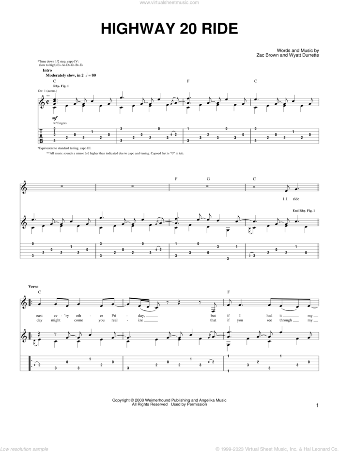 Highway 20 Ride sheet music for guitar solo (chords) by Zac Brown Band, Wyatt Durrette and Zac Brown, easy guitar (chords)
