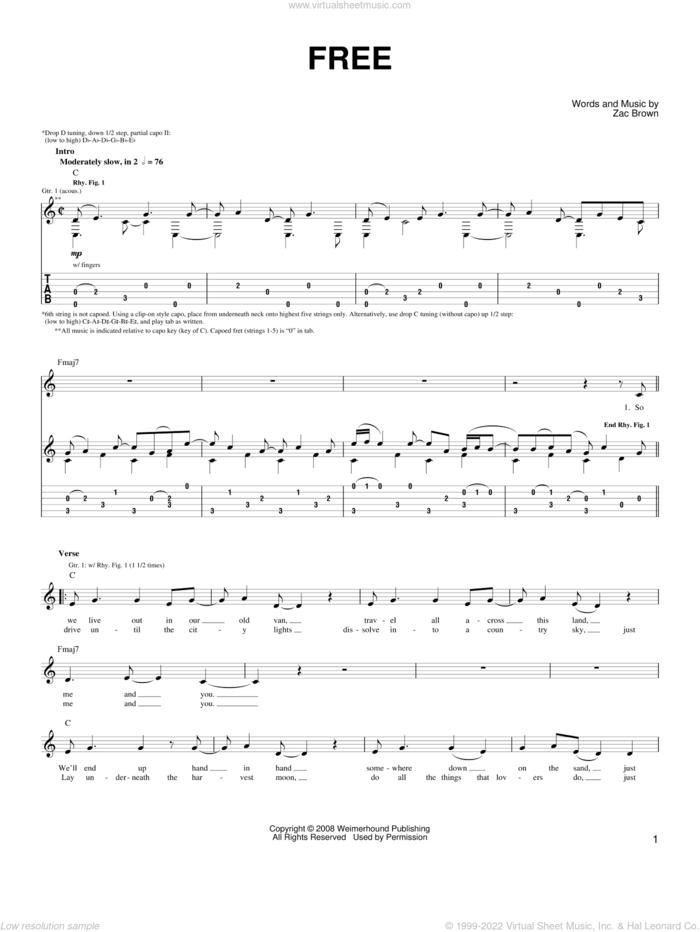 Free sheet music for guitar solo (chords) by Zac Brown Band and Zac Brown, easy guitar (chords)