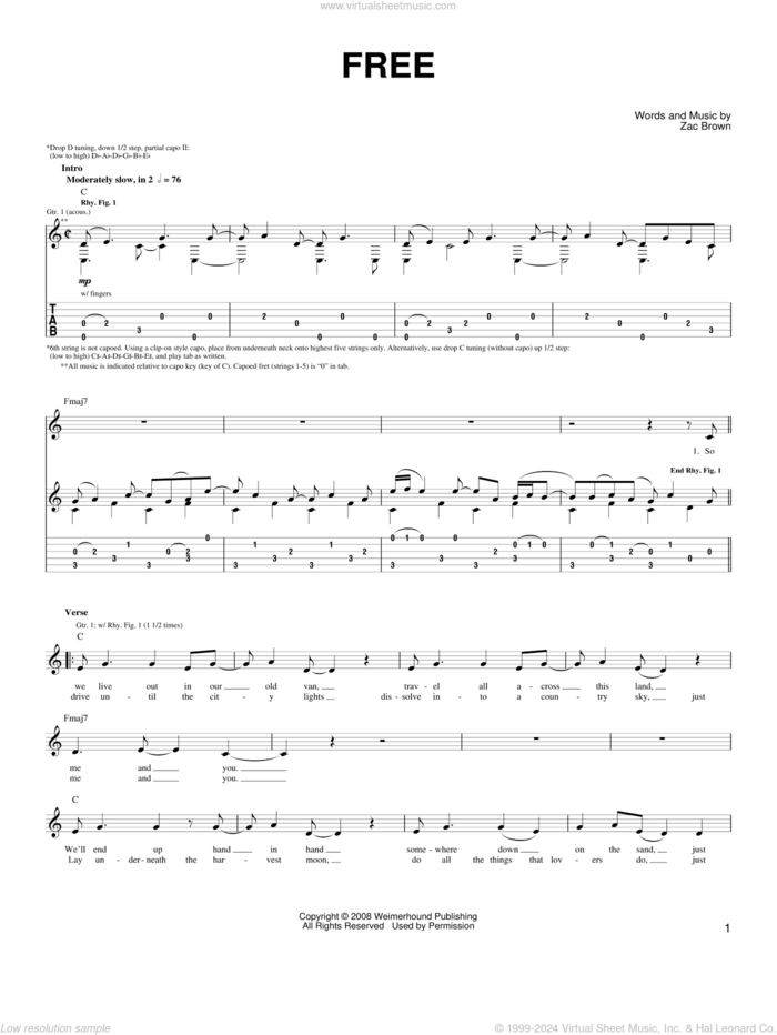 Free sheet music for guitar solo (chords) by Zac Brown Band and Zac Brown, easy guitar (chords)