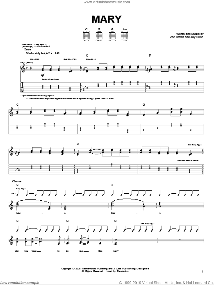 Mary sheet music for guitar solo (chords) by Zac Brown Band, J Cline and Zac Brown, easy guitar (chords)