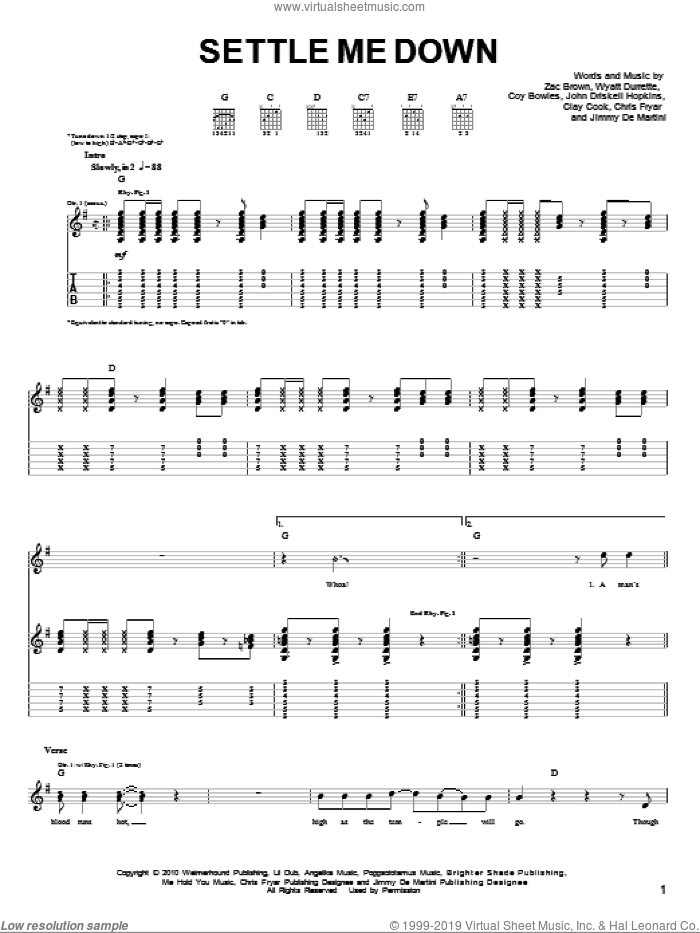 Settle Me Down sheet music for guitar solo (chords) by Zac Brown Band, Chris Fryar, Clay Cook, Coy Bowles, Jimmy De Martini, John Driskell Hopkins, Wyatt Durrette and Zac Brown, easy guitar (chords)