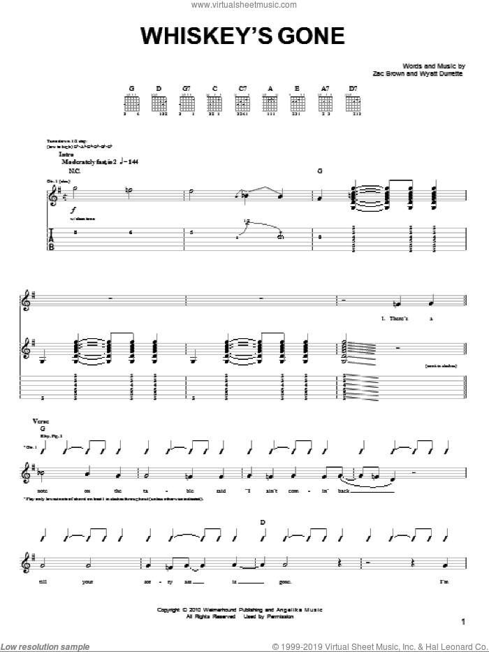 Whiskey's Gone sheet music for guitar solo (chords) by Zac Brown Band, Wyatt Durrette and Zac Brown, easy guitar (chords)