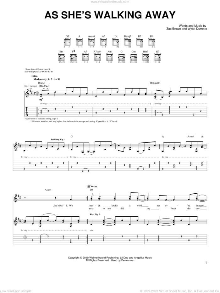 As She's Walking Away sheet music for guitar solo (chords) by Zac Brown Band featuring Alan Jackson, Wyatt Durrette and Zac Brown, easy guitar (chords)
