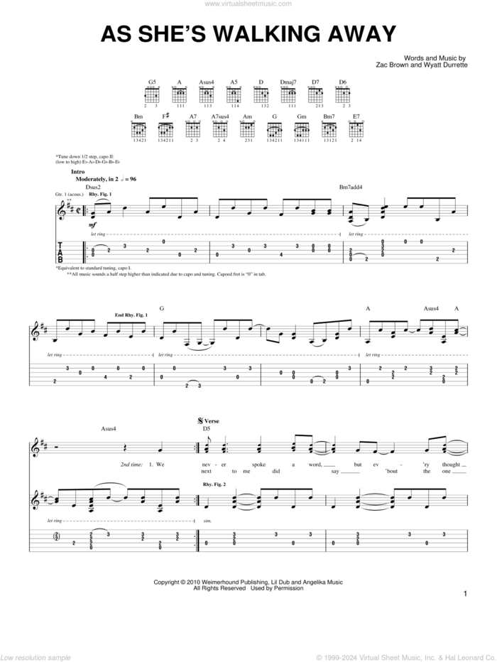 As She's Walking Away sheet music for guitar solo (chords) by Zac Brown Band featuring Alan Jackson, Wyatt Durrette and Zac Brown, easy guitar (chords)