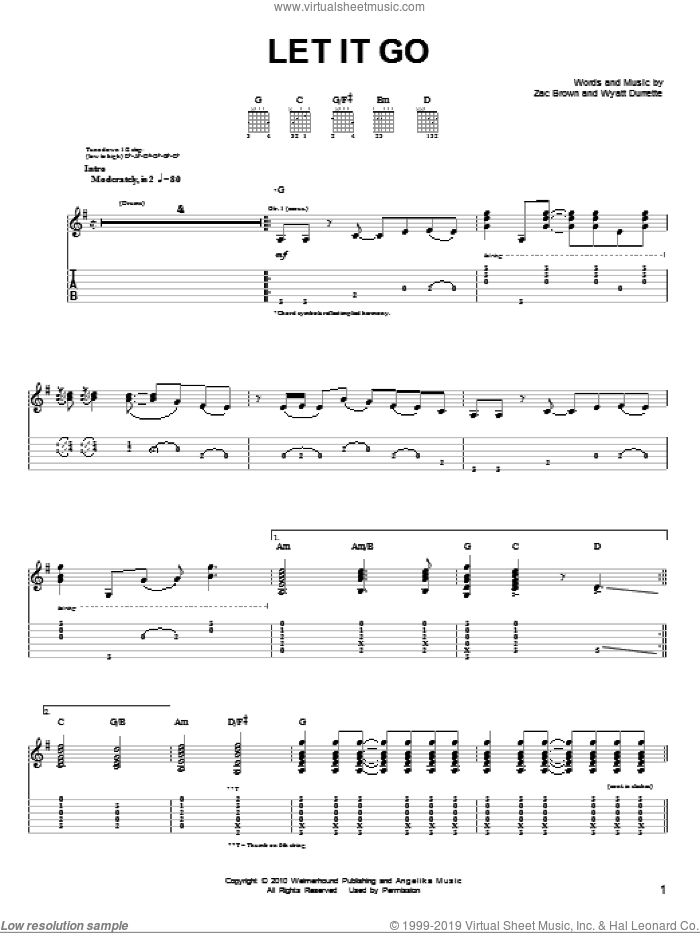 Let It Go sheet music for guitar solo (chords) by Zac Brown Band, Wyatt Durrette and Zac Brown, easy guitar (chords)