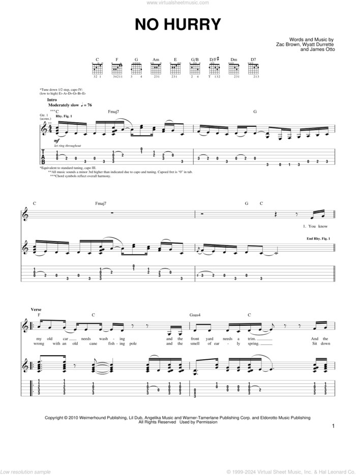 No Hurry sheet music for guitar solo (chords) by Zac Brown Band, James Otto, Wyatt Durrette and Zac Brown, easy guitar (chords)