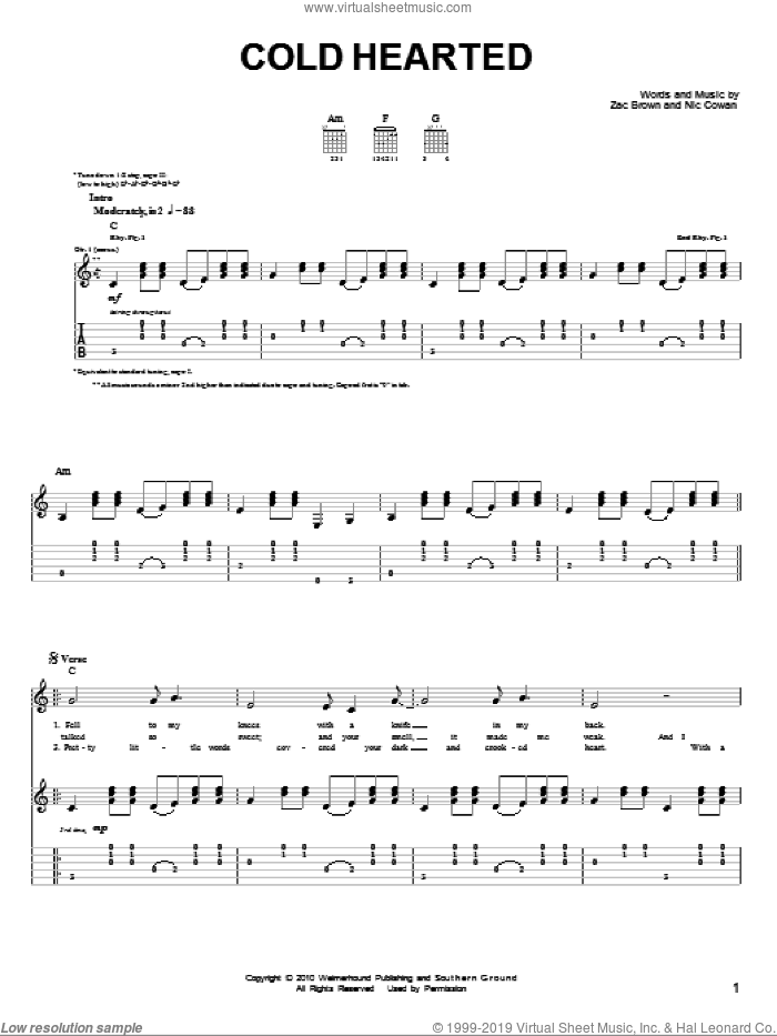 Cold Hearted sheet music for guitar solo (chords) by Zac Brown Band, Nic Cowan and Zac Brown, easy guitar (chords)