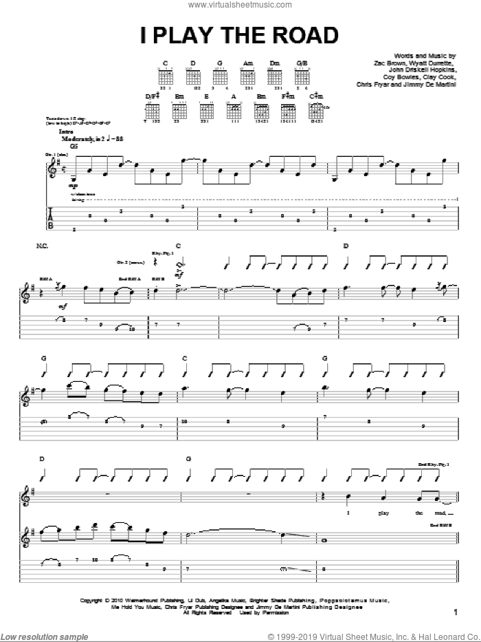 I Play The Road sheet music for guitar solo (chords) by Zac Brown Band, Chris Fryar, Clay Cook, Coy Bowles, Jimmy De Martini, John Driskell Hopkins, Wyatt Durrette and Zac Brown, easy guitar (chords)