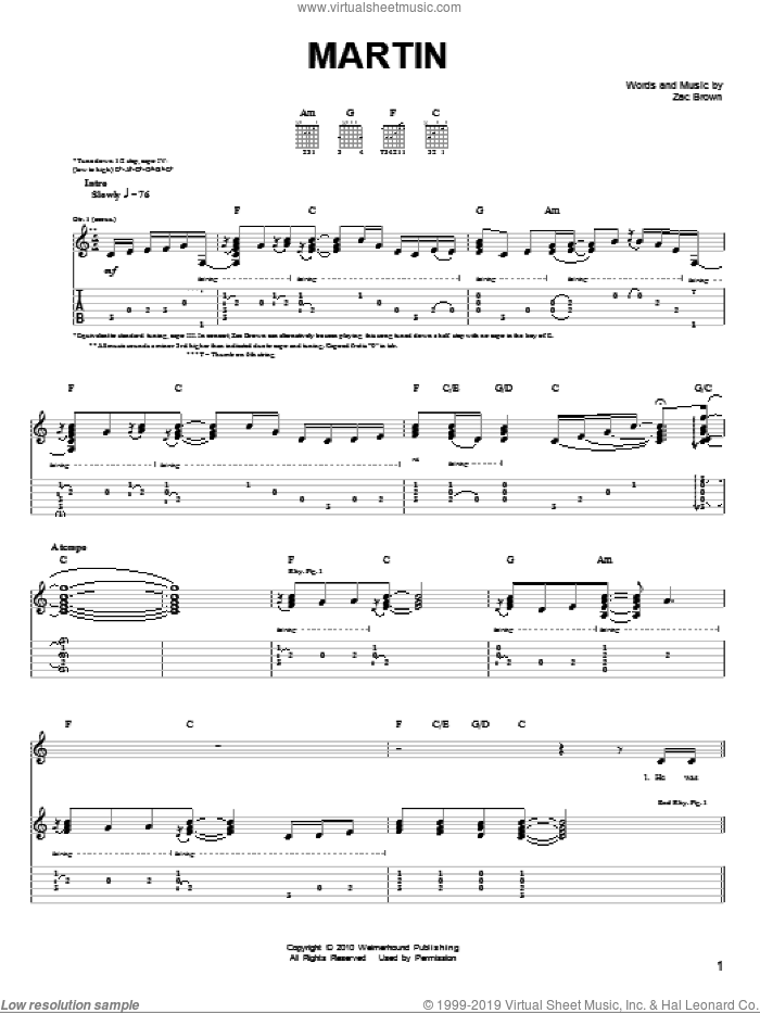 Martin sheet music for guitar solo (chords) by Zac Brown Band and Zac Brown, easy guitar (chords)