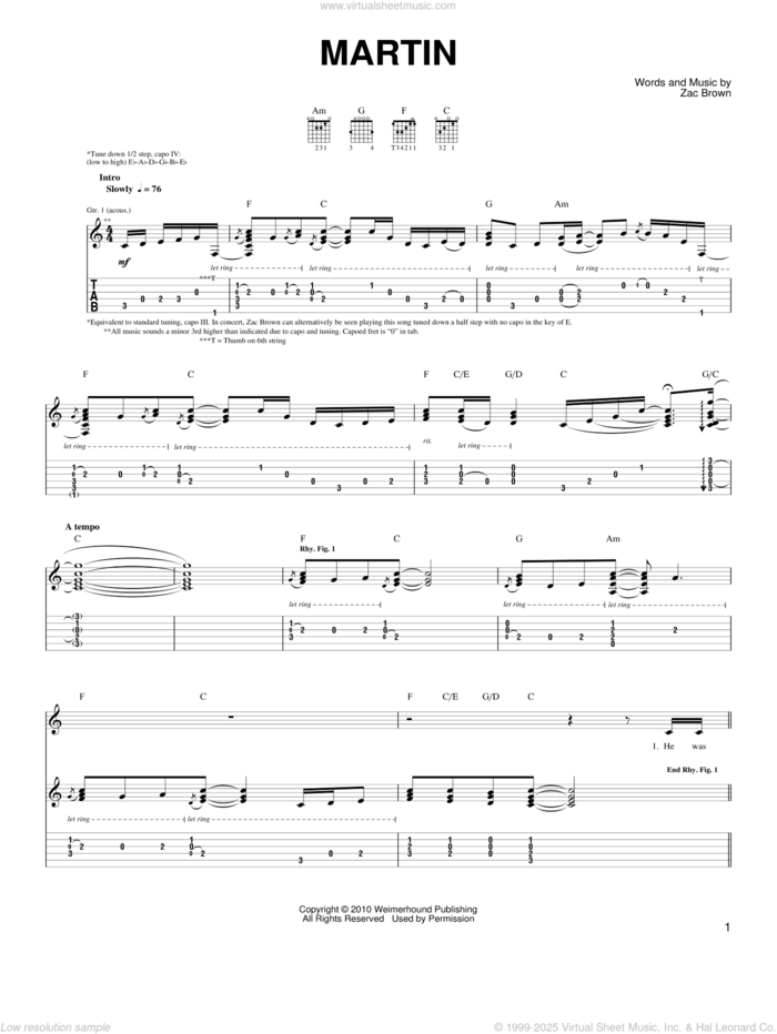 Martin sheet music for guitar solo (chords) by Zac Brown Band and Zac Brown, easy guitar (chords)
