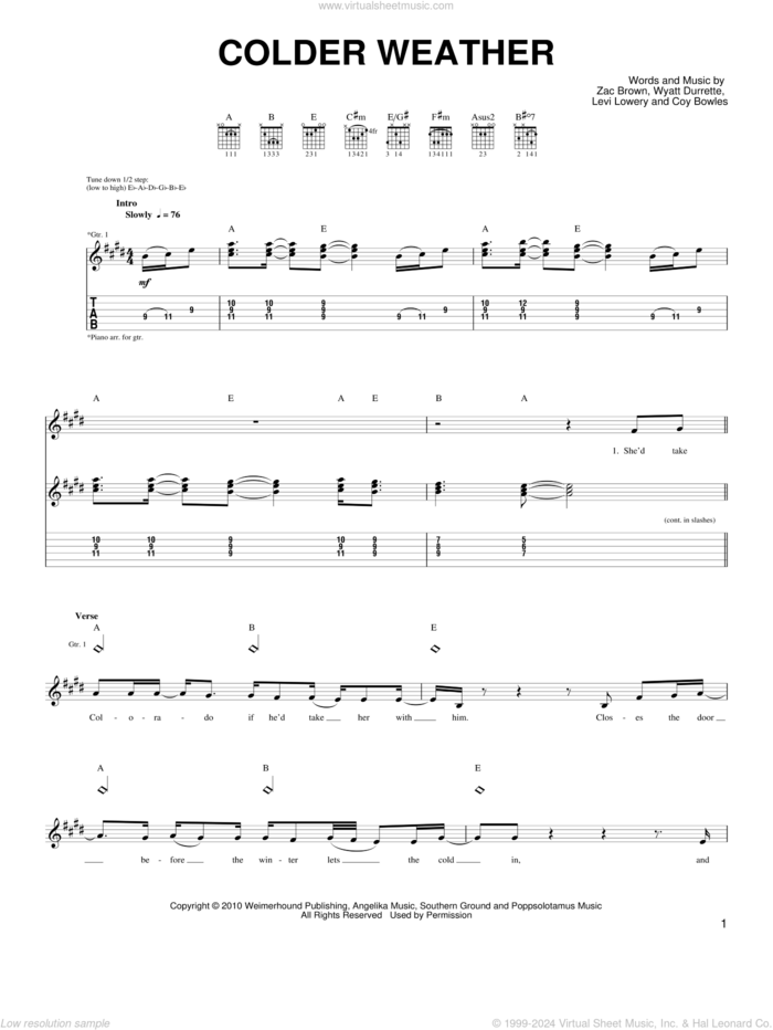 Colder Weather sheet music for guitar solo (chords) by Zac Brown Band, Coy Bowles, Levi Lowery, Wyatt Durrette and Zac Brown, easy guitar (chords)