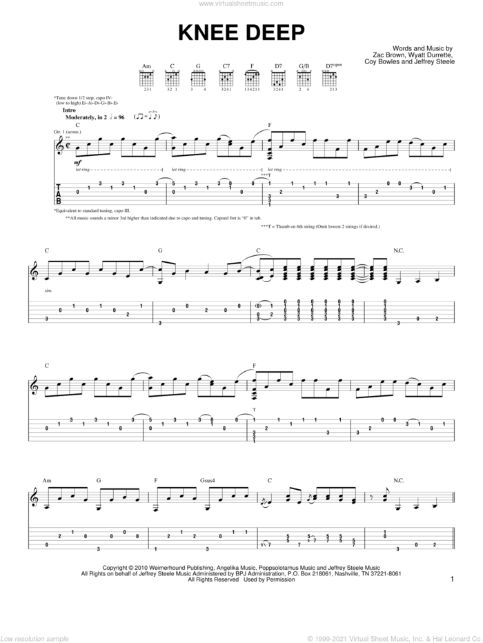 Knee Deep sheet music for guitar solo (chords) by Zac Brown Band, Coy Bowles, Jeffrey Steele, Wyatt Durrette and Zac Brown, easy guitar (chords)