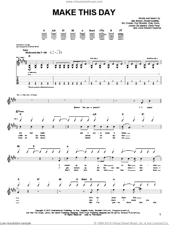 Make This Day sheet music for guitar solo (chords) by Zac Brown Band, Chris Fryar, Clay Cook, Coy Bowles, Jimmy De Martini, John Driskell Hopkins, Nic Cowan, Wyatt Durrette and Zac Brown, easy guitar (chords)