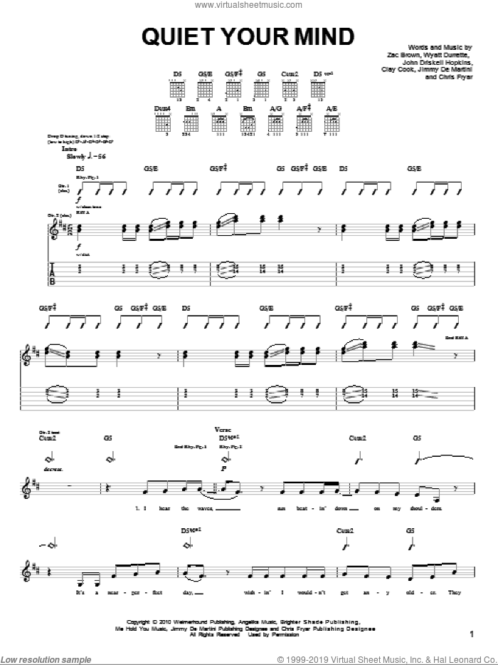 Quiet Your Mind sheet music for guitar solo (chords) by Zac Brown Band, Chris Fryar, Clay Cook, Jimmy De Martini, John Driskell Hopkins, John Hopkins, Wyatt Durrette and Zac Brown, easy guitar (chords)