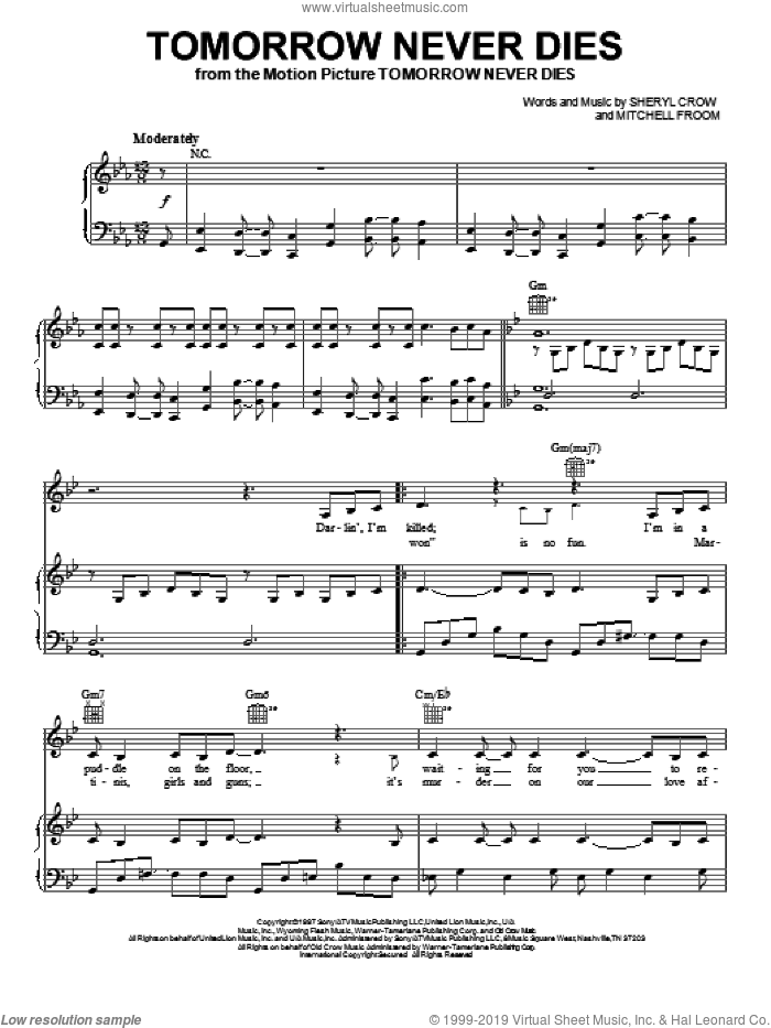 Tomorrow Never Dies sheet music for voice, piano or guitar by Sheryl Crow and Mitchell Froom, intermediate skill level