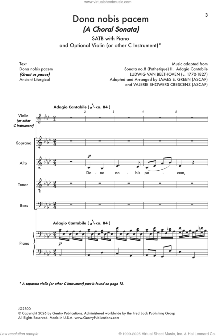 Dona Nobis Pacem sheet music for choir (SATB: soprano, alto, tenor, bass) by Ludwig Van Beethoven and James E. Green and Valerie Showers Crescenz, intermediate skill level